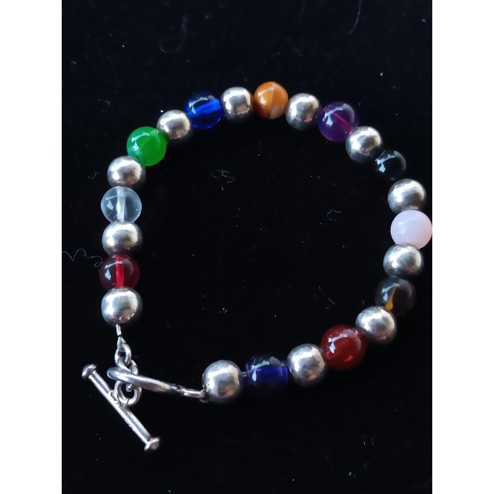 925 Sterling Silver Braclet Multi-Color Glass Beads & 925 Beads Bracelet 7"